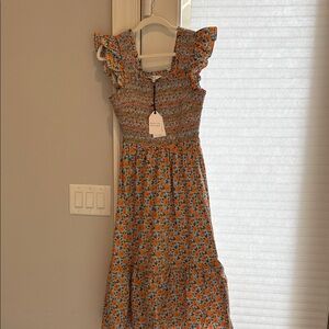 English Factory Orange and Blue Smocked Dress